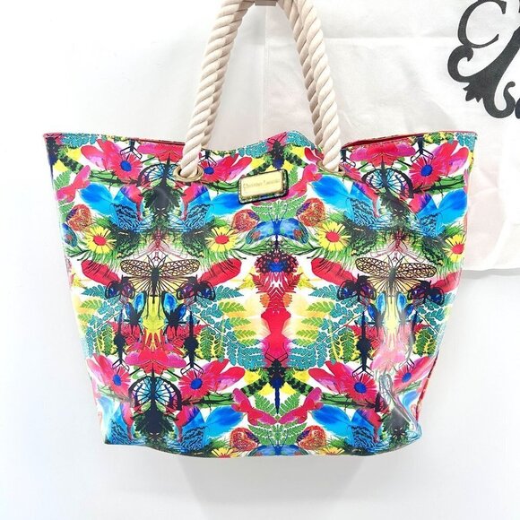 CHRISTIAN LACROIX REVERSIBLE PINK FLORAL DRAGONFLY TOTE W/ DUST BAG - Picture 3 of 11